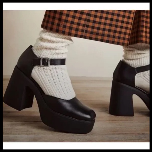 Free People Gwen Mary Jane Leather Platform Heels Shoes Black Size US 8/EU 38.5 - Picture 1 of 16
